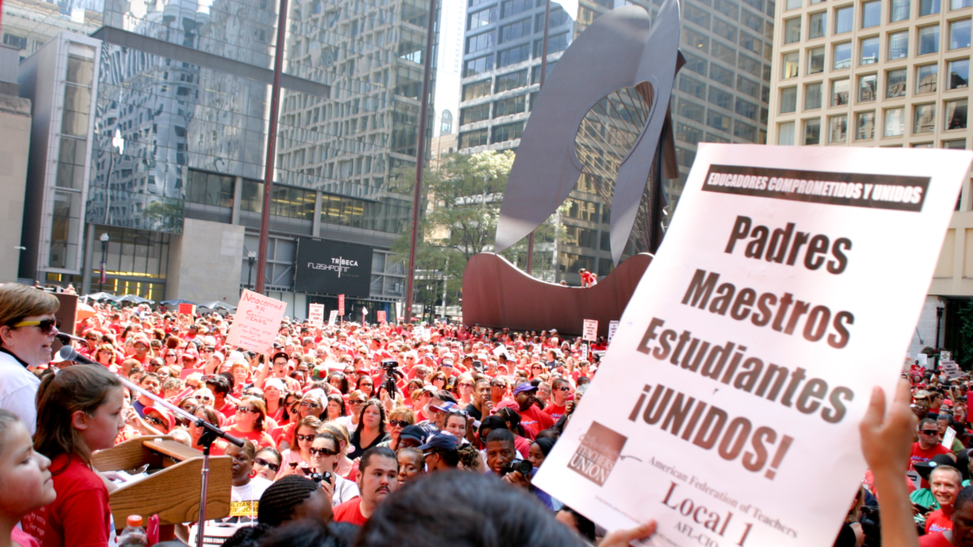 Chicago Teachers Union members rally at a Labor Day gathering.