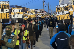 Two lines of striking Amazon workers picket.