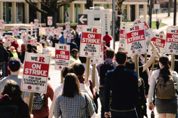 Striking Rutgers workers and supporters march at the campus in New Brunswick, New Jersey.