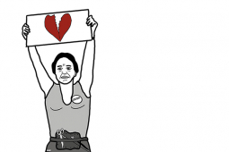 A cartoon Norma Rae holds up a sign with a broken heart, instead of the "Union" sign she holds up in the movie.