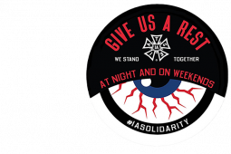 IATSE bloodshot eye "Give Us A Rest" text, campaign logo for current bargaining capaign