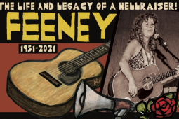Artwork in the distinctive woodcut style of Ricardo Levins Morales has a guitar, a bullhorn, a rose, and a photo of Anne. Text says: "Celebrating the life and legacy of a hellraiser, Anne Feeney, 1951-2021."