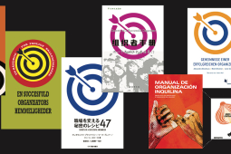 Book covers for six translations of Secrets of a Successful Organizer, in various colors, most featuring the bullseye logo. The Spanish tenants one instead shows two hands joined by the pinkies. A graphic from inside that book shows the "bullseye" diagram adapted to an onion, with the core group in the center, activists and supporters in layers of the onion, distant people outside the onion, and hostiles represented as a knife cutting the onion.