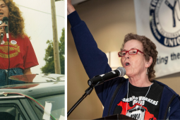 Two images of Anne Feeney. In the one on the left she is younger with long hair, standing on the bed of a pickup truck, singing into a mic, wearing a red "Solidarity Forever" T-shirt. In the one on the right she is older with shorter hair, singing into a mic indoors at the Labor Notes Conference, one fist in the air, wearing a black "Railroad Workers United" T-shirt, with a "Troublemakers Union" banner hanging on the wall behind her.