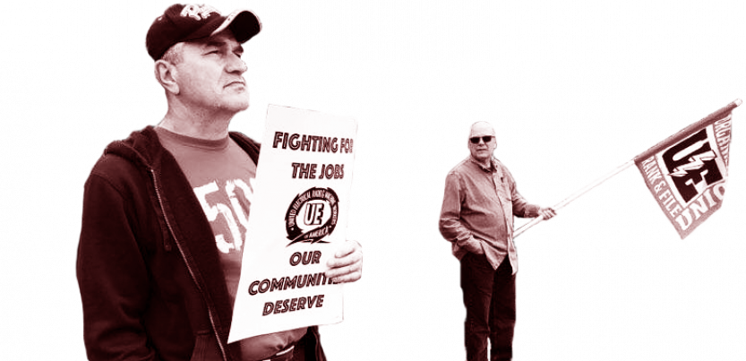 Two UE picketers, one with a sign and the other with a flag.