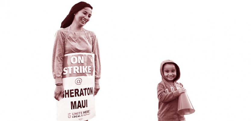 Woman and child at UNITE HERE picket lines in Hawaii.