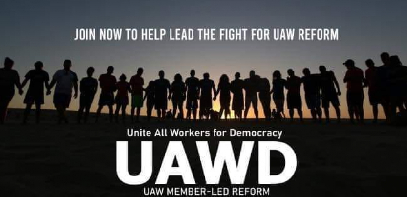 Silhouette of a line of people holding hands with rising sun behind them. text: "Join now to help lead the fight for UAW reform. UAWD Unite All Members for Democracy: UAW Member-Led Reform"