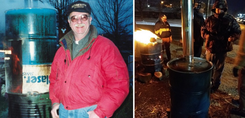 Two photos: 1.Tom with early prototype burn barrel. 2. Wabtech striker warming hands over new barrel.