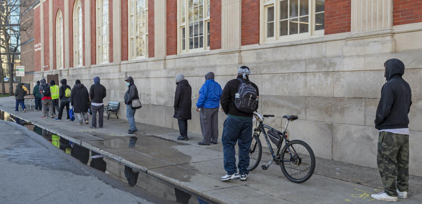A line of people outside a Detroit homeless shelter