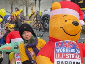 A line of children and adults push baby carriages with inflatable animals wearing signs saying ‘Macy’s Workers on ULP Strike’