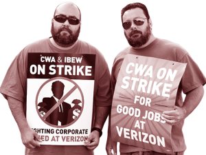 Two workers standing together holding signs.