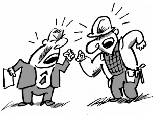 Cartoon of a an angry boss and an angry worker in a hardhat yelling at each other.