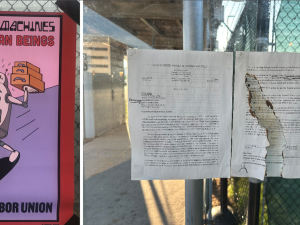 Two posters, one colorful, the other a ripped letter, in two different photographs.