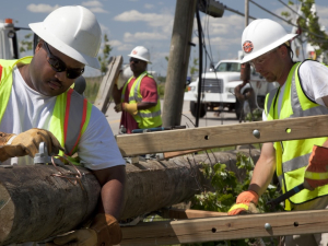 Workers lifting a downed electrical pole. 