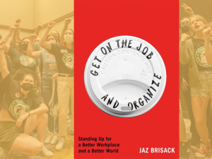 Cover of book is superimposed on Starbucks workers with fists in the air.