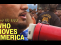 Close-up of a man's chin with bullhorn and the back of someone's Teamsters jacket in a crowd. Overlaid in yellow type is the movie title: Who Moves America.