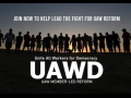 Silhouette of a line of people holding hands with rising sun behind them. text: "Join now to help lead the fight for UAW reform. UAWD Unite All Members for Democracy: UAW Member-Led Reform"