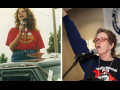 Left: Anne stands in back of a pickup truck holding a mic. Right: Anne stands at a mic, fist in the air, in front of Labor Notes banner.