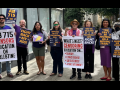 Eight people hold printed signs, many in the yellow/purple SEIU style: "AB 715 = genocide censorship." "Fight back my ass!" "Opposed AB 715: CFA, CFT, ACLU, CTA, CNA... [but not] SEIU." "SEIU CA: Selective + politically safe. Fight back!" "You can't be neutral on a moving train." "When we fight we win! When we're neutral we lose!" Big white signs with black & red letters: "AB 715 censors education on Palestine." "What's next? Censoring education on: Slavery, Queer/Ethnic Studies, Japanese Internment?"