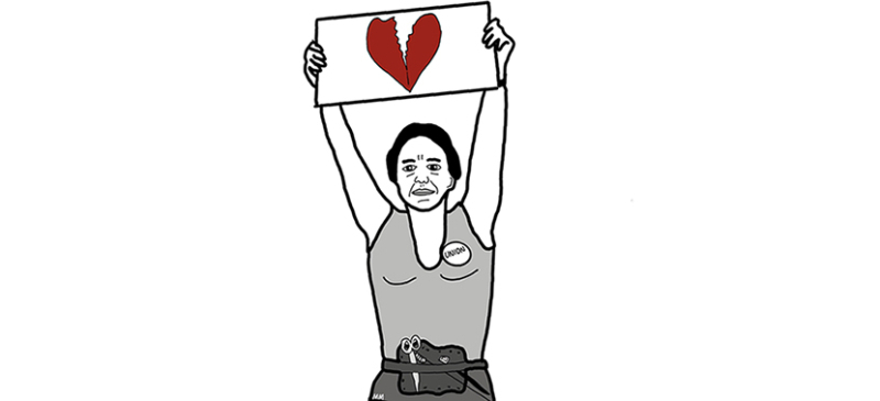 A cartoon Norma Rae holds up a sign with a broken heart, instead of the "Union" sign she holds up in the movie.