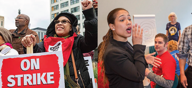 Left half: woman with "on strike" sign; right half: woman leading workshop