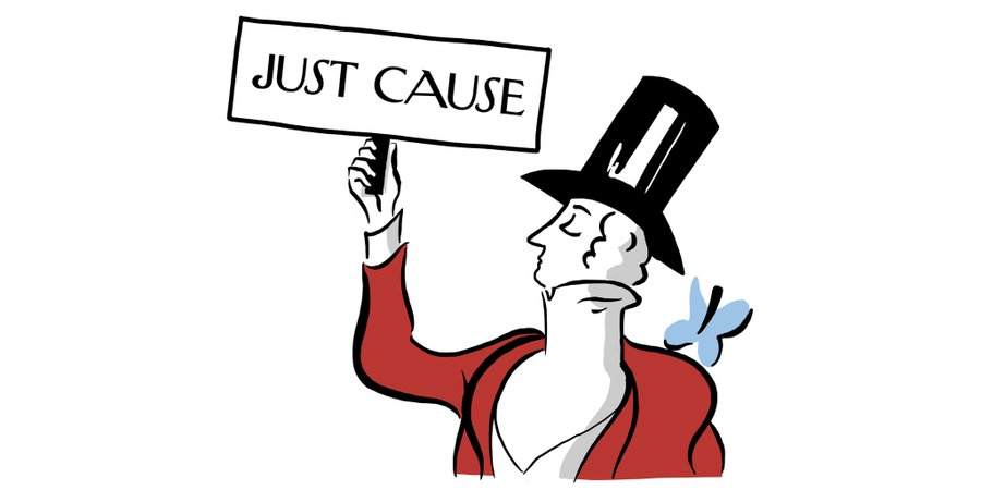 Cartoon image of New Yorker's mascot (silhouetted man in formal coat, waistcoat, and top hat) but the bird is on his shoulder and he's holding a picket sign that says "JUST CAUSE"