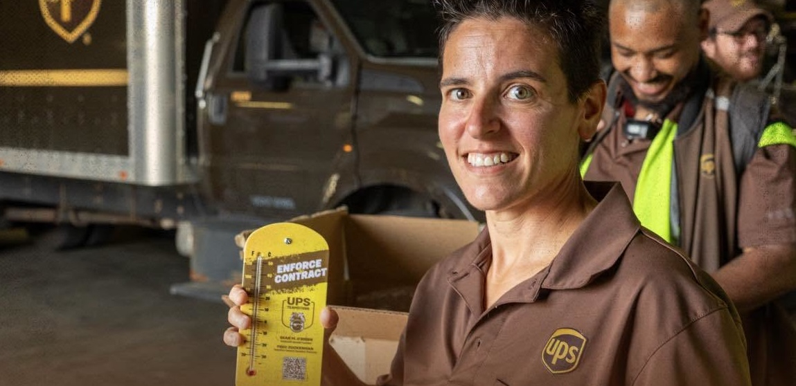 A woman in UPS brown uniform holds up a thermometer