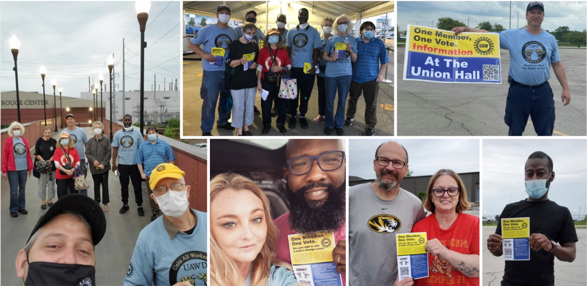 Collage of photos of UAW reformers campaigning or voting for one member, one vote.