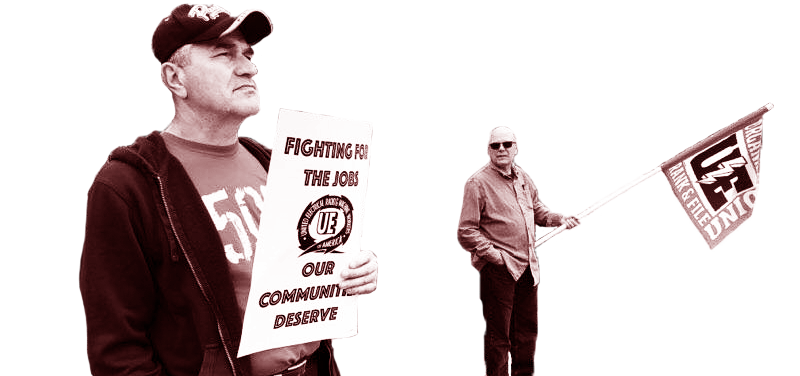 Two UE picketers, one with a sign and the other with a flag.