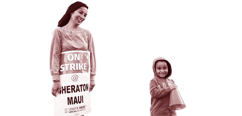 Woman and child at UNITE HERE picket lines in Hawaii.