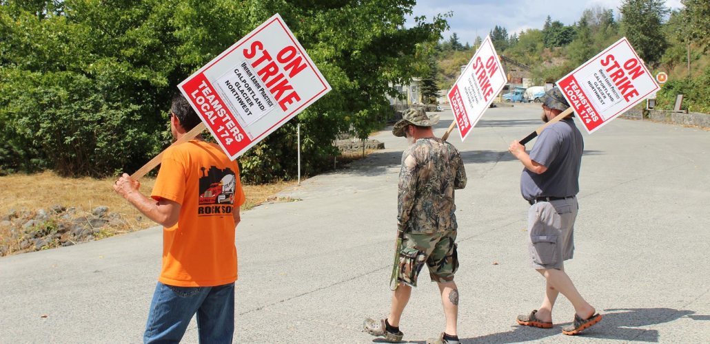 Three workers picket, facing slightly away from the camera, on a tree-lined road outdoors. Their picket signs say "On strike, Unfair Labor Practice, Calportland Glacier Northwest, Teamsters Local 174."