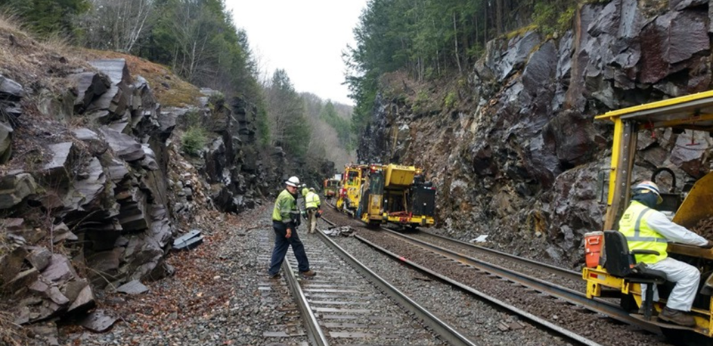 Workers in reflective yellow jackets work outdoors on railroad tracks, with heavy machinery, surrounded by rocky cliffs and forest