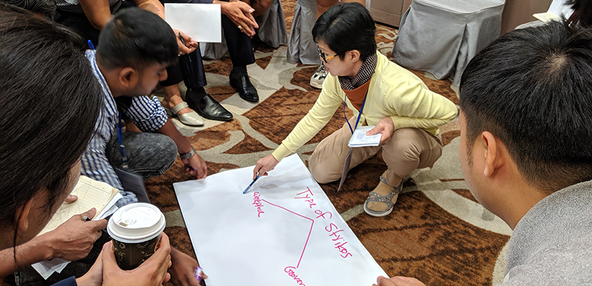 Workshop participants at the Labor Notes Asia Regional Conference discussing and writing about strikes.