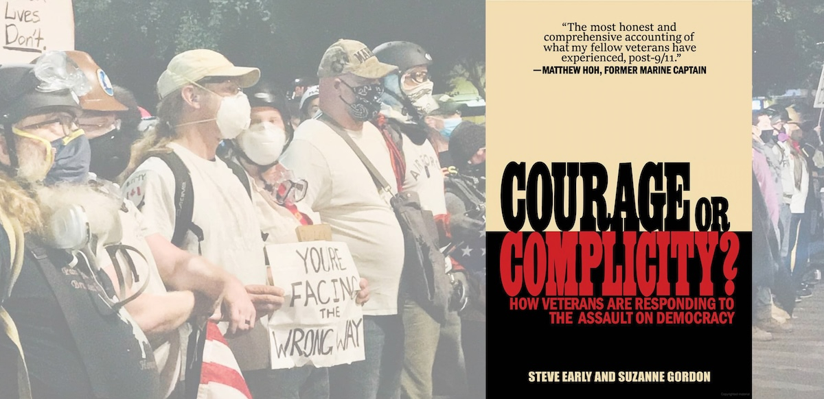 A line of veterans in Portland and the cover of the book Courage or Complicity