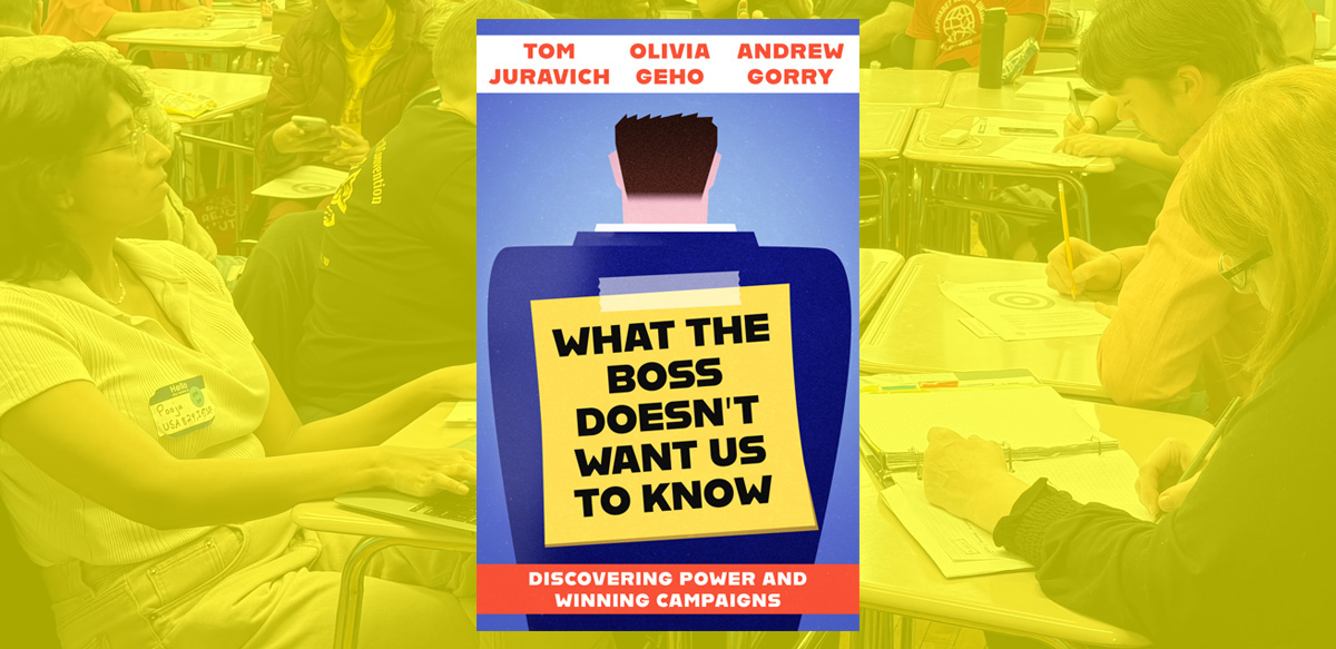 A book cover of “What the Boss Doesn’t Want You to Know” is shown on a background of workers meeting