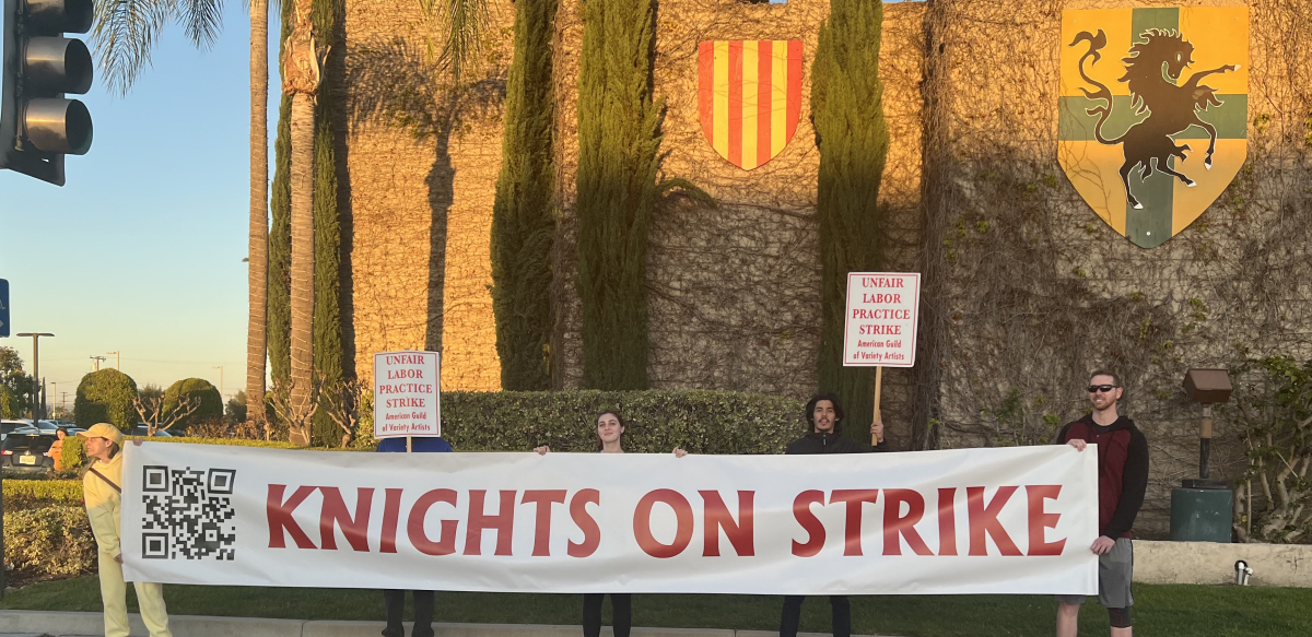 Strikers stand in front of Medieval Times holding a banner that reads "Knights on Strike."
