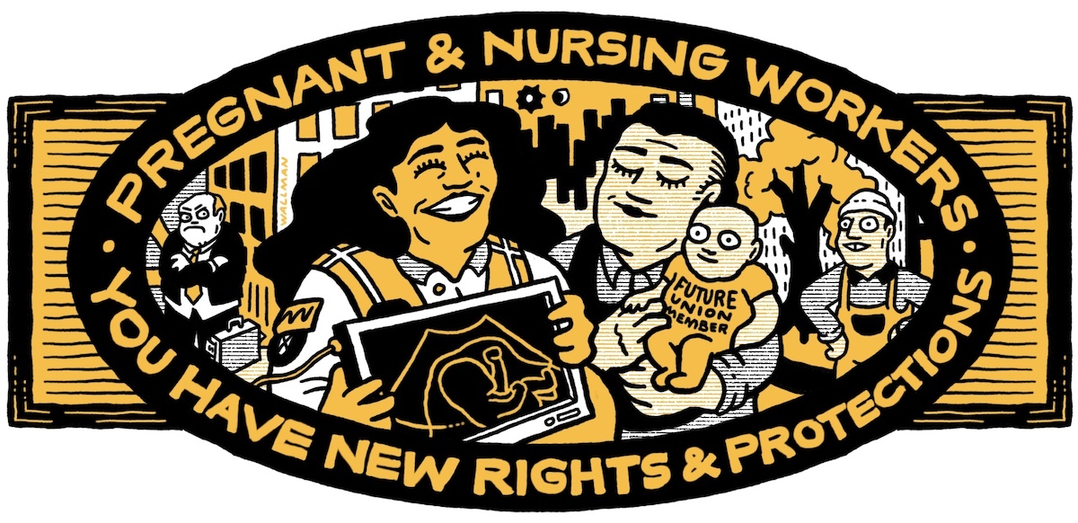 A cartoon in black and gold shows a woman with a sonogram and a person with a small baby, all are smiling. In the background is a disgruntled boss.