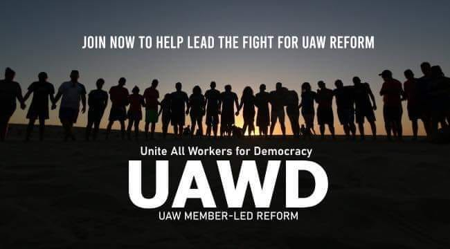 Silhouette of a line of people holding hands with rising sun behind them. text: "Join now to help lead the fight for UAW reform. UAWD Unite All Members for Democracy: UAW Member-Led Reform"
