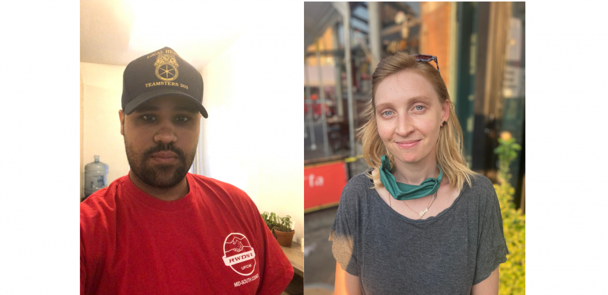 Luis wears a red RWDSU T-shirt and black Teamsters hat. Sarah wears a shirt with no text.