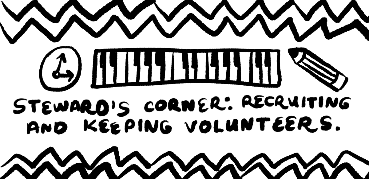 Illustration of a clock, piano and pencil reading: Steward's Corner: Recruiting and Keeping Volunteers