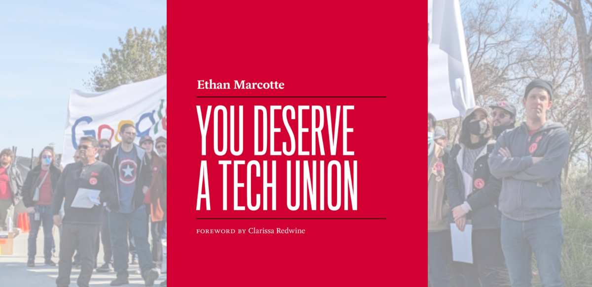 An image of the cover of the book, with tech workers standing in front of a big sign that says "Google: End Rater Poverty" in the background.