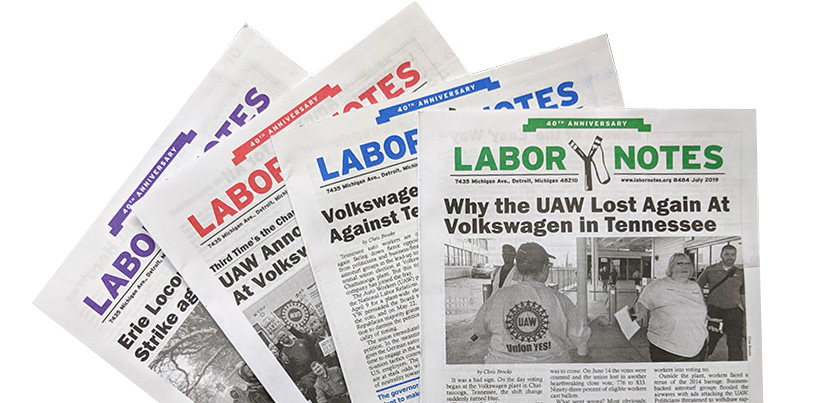 Covers of four issues of Labor Notes from 2019