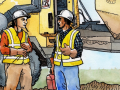 Drawing of two construction workers talking next to an earth-mover.