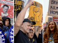 Montage of three photos, all showing details from crowds at large outdoor protests. 1: Workers hold blue signs printed with UAW logo, and someone behind holds a handmade "Bad DOGE" sign with Elon Musk's face. 2: An older white man and younger woman of color lean together. He has a fist in the air and she holds high a yellow sign with a fist graphic, the word "Solidarity!" and the Painters union logo. 3: A white woman holds a handmade "Bring Kilmar Home" sign with a photo of his face.