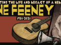 Artwork in the distinctive woodcut style of Ricardo Levins Morales has a guitar, a bullhorn, a rose, and a photo of Anne. Text says: "Celebrating the life and legacy of a hellraiser, Anne Feeney, 1951-2021."