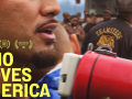 Close-up of a man's chin with bullhorn and the back of someone's Teamsters jacket in a crowd. Overlaid in yellow type is the movie title: Who Moves America.