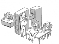 Black and white drawing shows boss looking annoyed while three workers in his office open cabinets and read through his files