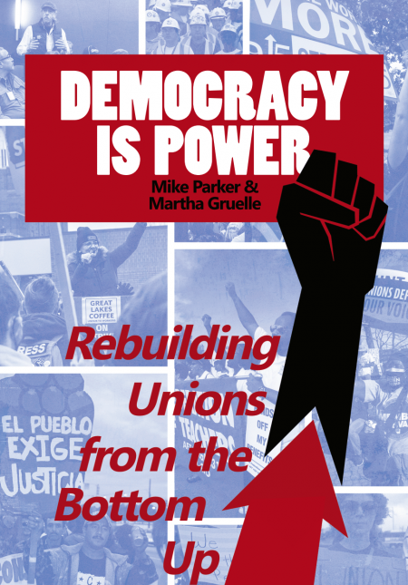 Cover of Democracy Is Power, blue photo collage with red box around title, black stylized fist, red arrow upward